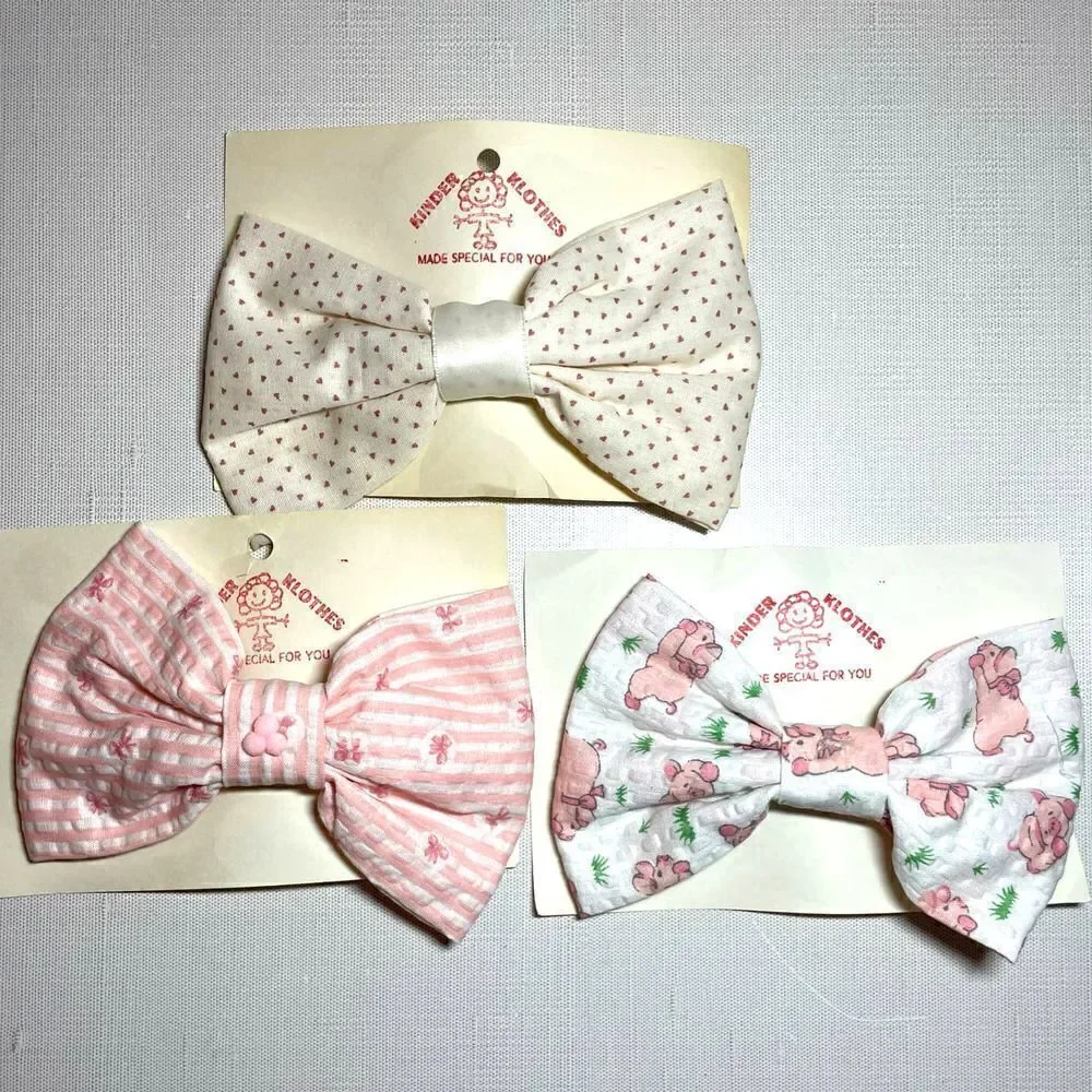 Vintage 80s Girls Fabric Hairbows New Old Stock Green Pink Pigs Easter Spring